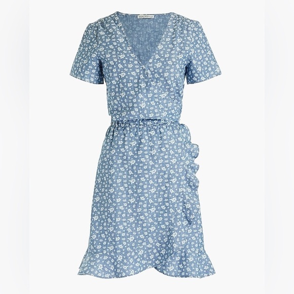 J. CREW Mercantile Factory Chambray Ruffle Faux Wrap Hibiscus Floral Dress M - Picture 1 of 15